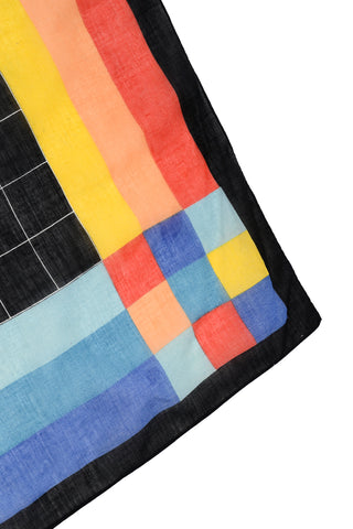 1970s Rare Nik-Nik Black Grid Cotton Square Scarf w/ Rainbow Stripes