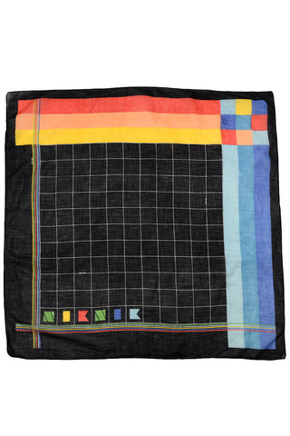 1970s Rare Nik-Nik Black Grid Cotton Square Scarf w/ Rainbow Stripes