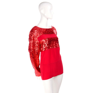 1980s Nina Ricci Vintage Red Silk Sequin Designer Evening Top Blouse