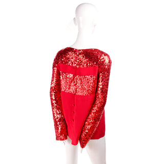 1980s Nina Ricci Vintage Red Silk Sequin Designer Blouse Evening Top 
