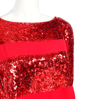 1980s Nina Ricci Vintage Red Silk Sequin Designer Evening Top Beautiful 
