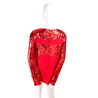 1980s Nina Ricci Vintage Red Silk Sequin Designer Evening Top Tunic