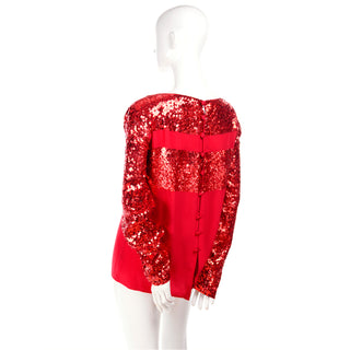 1980s Nina Ricci Vintage Red Silk Sequin Designer Evening Top Covered Buttons