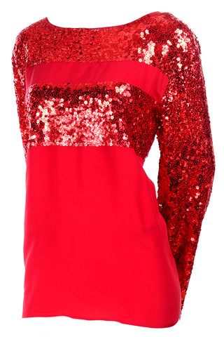 1980s Nina Ricci Vintage Red Silk Sequin Designer Evening Top
