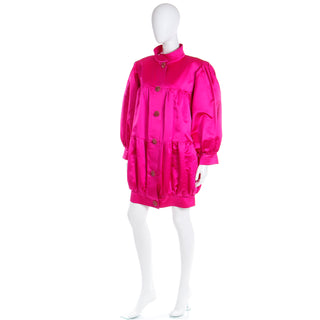 1980s Nina Ricci Hot Pink Satin Oversized Jacket or Evening Mini Dress