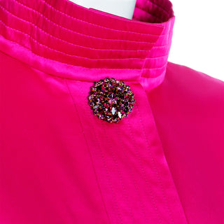 1980s Nina Ricci Hot Pink Satin Oversized Jacket or Evening Dress w pink jewel buttons