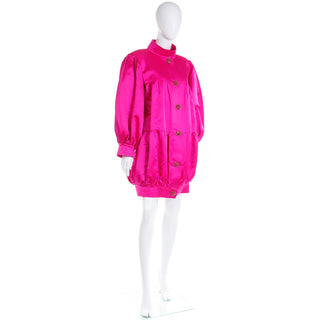 1980s Nina Ricci Hot Pink Satin Oversized Jacket or Evening Dress w crystal buttons