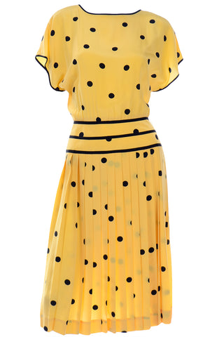 Nipon Boutique Vintage Yellow and Black Polka Dot Silk Dress