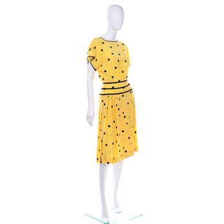 1980s Nipon Boutique Vintage Yellow and Black Polka Dot Silk Dress