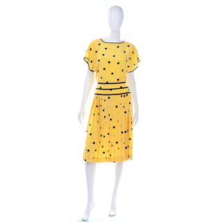 Nipon Boutique Vintage Yellow and Black Polka Dot Silk Dress 1980s
