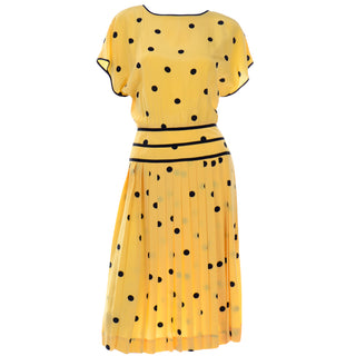Nipon Boutique Vintage Yellow and Black Polka Dot Silk Dress  1980s Day dress