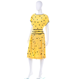 1980s Albert Nipon Nipon Boutique Vintage Yellow and Black Polka Dot Silk Dress