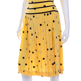 Nipon Boutique Vintage Yellow and Black Polka Dot Silk Dress pleated skirt