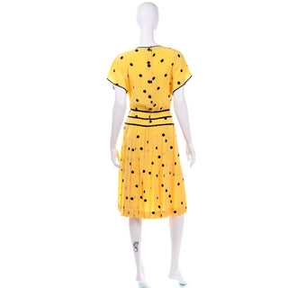 80s Nipon Boutique Vintage Yellow and Black Polka Dot Silk Dress