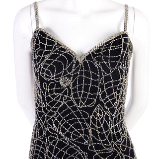 1990s Black Silk Bodycon Dress w/ Silver Beads