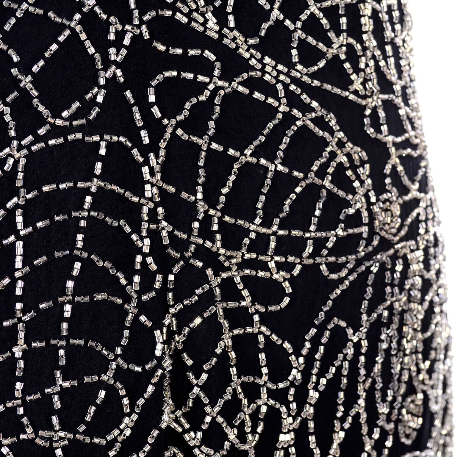 1990s Vintage Silver Beaded Black Silk Bodycon Mini Dress Modig 1990s Vintage Silver Beaded Black Silk Bodycon Mini Dress Modig
