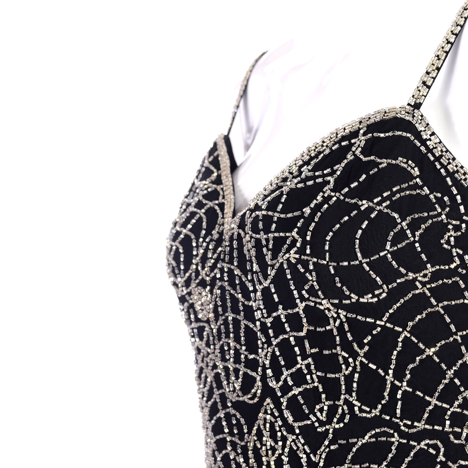 1990s Vintage Silver Beaded Black Silk Bodycon Mini Dress Modig 1990s Vintage Silver Beaded Black Silk Bodycon Mini Dress Modig