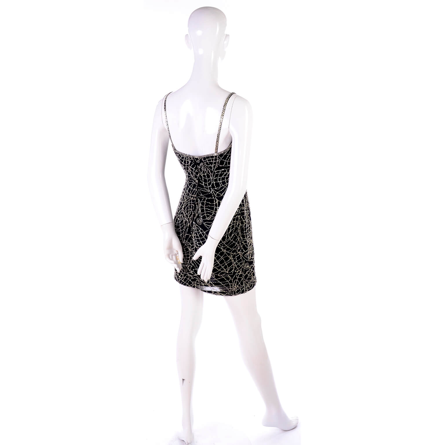 1990s Vintage Silver Beaded Black Silk Bodycon Mini Dress Modig 1990s Vintage Silver Beaded Black Silk Bodycon Mini Dress Modig