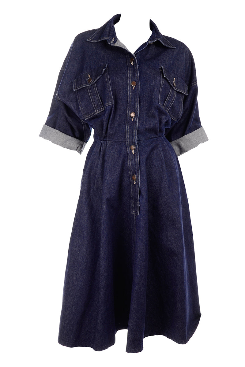 1980s Norma Kamali Dark Blue Vintage Denim Day Dress 8/10 Modig 1980s Norma Kamali Dark Blue Vintage Denim Day Dress 8/10 Modig