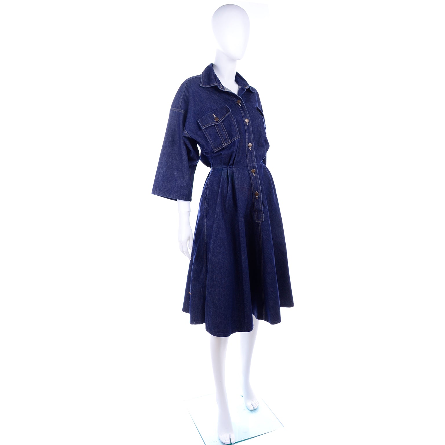1980s Norma Kamali Dark Blue Vintage Denim Day Dress 8/10 Modig 1980s Norma Kamali Dark Blue Vintage Denim Day Dress 8/10 Modig