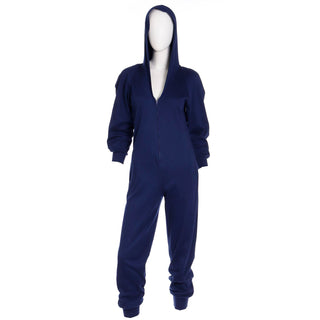 1980s Vintage Early Norma Kamali Blue Stretch Knit Jumpsuit With Hood Size M