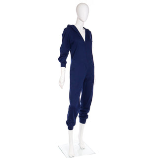 1980s Vintage Early Norma Kamali Blue Stretch Knit Jumpsuit With Hood Sweatshirt Style