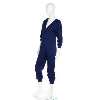 1980s Vintage Early Norma Kamali Blue Stretch Knit Jumpsuit With Hood in Sweatshirt Style