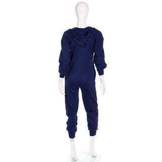 1980s Vintage Early Norma Kamali Blue Stretch Knit Sweatshirt Style Jumpsuit With Hood 