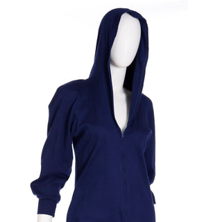 Sweatshirt Style 1980s Vintage Early Norma Kamali Blue Stretch Knit Jumpsuit With Hood