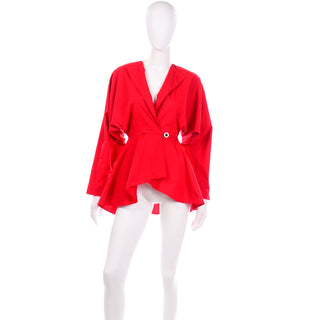 Norma Kamali Vintage Red Cotton Cinched Waist Peplum Jacket 1980s