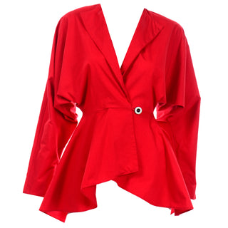 1980s Norma Kamali Red Cotton Cinched Waist Peplum Jacket