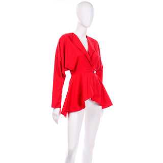 1980s Norma Kamali Vintage Red Cotton Cinched Waist Peplum Jacket