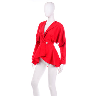 1980s Norma Kamali Vintage Red Cotton Cinched Waist Peplum Jacket Size S