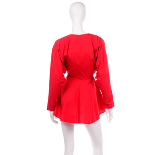 80s Norma Kamali Vintage Red Cotton Cinched Waist Peplum Jacket