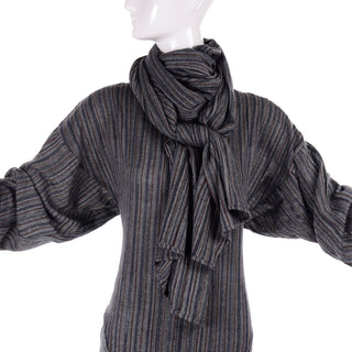 1980s Norma Kamali Gray Striped Vintage Dress w/ Godet Hem & Attached Scarf