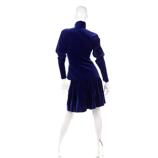 1980s Norma Kamali Blue Velvet Snap Top & Evening Skirt