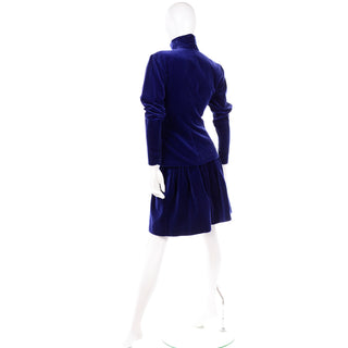1980s Norma Kamali Blue Velvet Snap Top & Evening Skirt