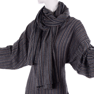 1980s Norma Kamali Gray Striped Vintage Dress w/ Godet Hem & Attached Scarf