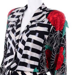 1980s Norma Walters Optical Illusion Silk Dress w/ Roses & Black & White Stripe