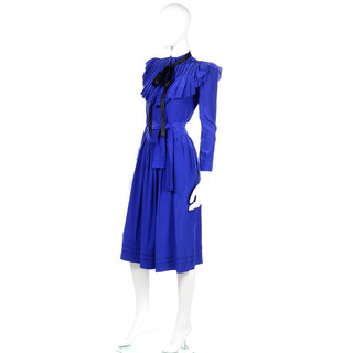 1980s Norma Walters Blue Silk Dress w/ Beaded Detachable Collar