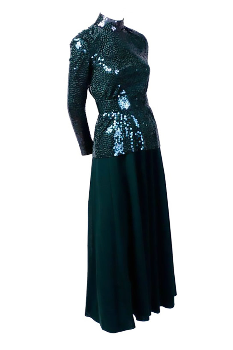 Custom Norman Norell Green Sequined Vintage Evening Gown & Belt Sz 6/8 Modig Custom Norman Norell Green Sequined Vintage Evening Gown & Belt Sz 6/8 Modig