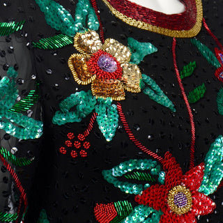 1990s Oleg Cassini Beaded and Sequins Floral Holiday Top
