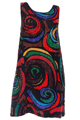 1990s Oleg Cassini Black Tie Colorful Beaded Vintage Evening Dress