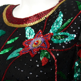 1990s Oleg Cassini Beaded and Sequins Floral Holiday Top