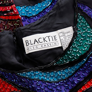 1990s Oleg Cassini Black Tie Colorful Beaded Vintage Evening Dress in Silk fully lined