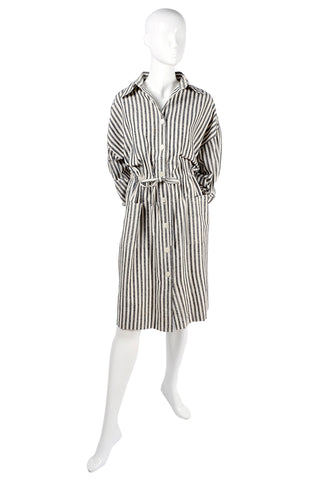 1980's Vintage Silk Grey White Striped Day Dress