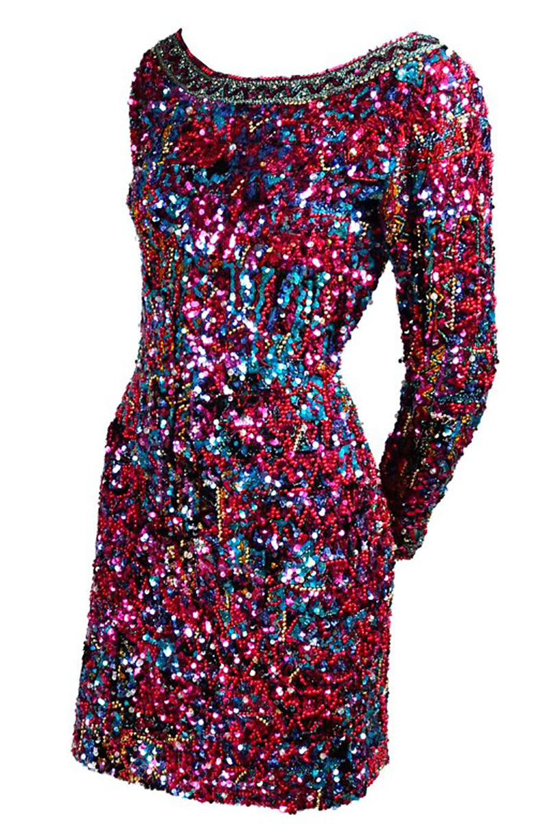 Beaded Silk Oleg Cassini Vintage Dress w/ Colorful Sequins Size