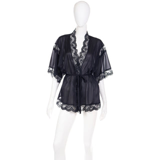 1960s Olga Black Lace Trimmed Short Robe or Top w Sash Belt