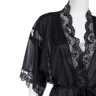 1960s Olga Black Lace Trimmed Short Robe or Top w Belt Frivolous Fancies