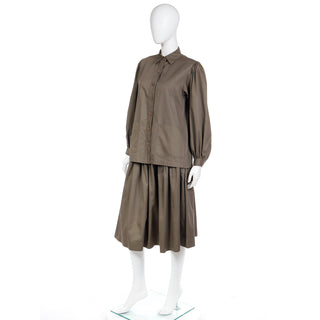 1980s Yves Saint Laurent Olive Green Top and Pleated Skirt Outfit